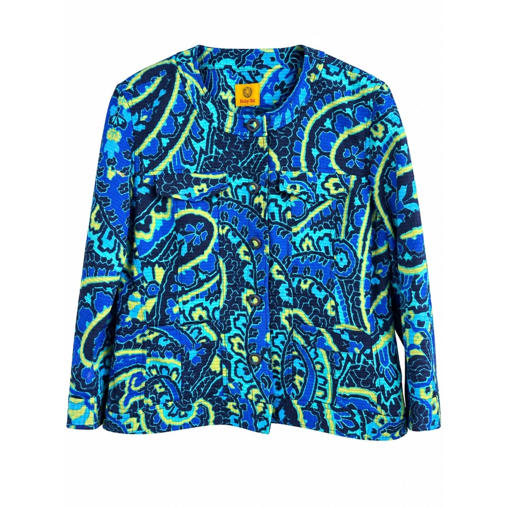 Ruby Rd Quilted Paisley Jacket Size 12 Blue Green Colorful Boho Lightweight